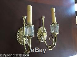 Vintage Crystal Brass French Hunt Horn Wall Sconces Pair