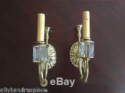 Vintage Crystal Brass French Hunt Horn Wall Sconces Pair