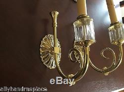 Vintage Crystal Brass French Hunt Horn Wall Sconces Pair NULCO
