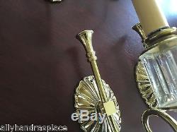 Vintage Crystal Brass French Hunt Horn Wall Sconces Pair Two Pair Available