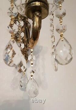 Vintage French Brass Wall Lights with Glass Bowls & Strings of Crystals Pair
