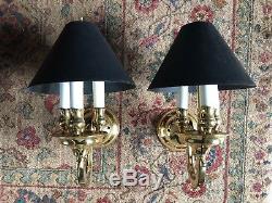 Vintage French Colonial Black Tole Shade Brass Wall Sconce Bouillotte Lamp Pair