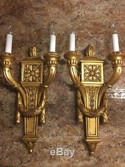 Vintage French Empire Giltwood Pair Wall Sconces Italy Italian 23