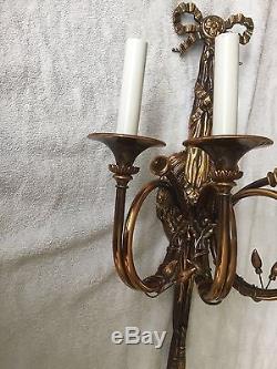 Vintage French Empire Hunt Horn Brass Wall Sconce 3 Light 21