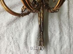 Vintage French Empire Hunt Horn Brass Wall Sconce 3 Light 21
