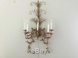 Vintage French Gilt Tole Crystal PAIR Wall Sconces 39 5 light Wall Chandelier