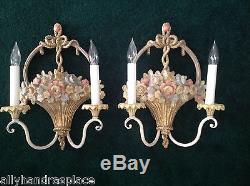 Vintage French Giltwood Tole Flower Basket Pair Wall Sconces Italy Italian
