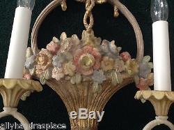 Vintage French Giltwood Tole Flower Basket Pair Wall Sconces Italy Italian