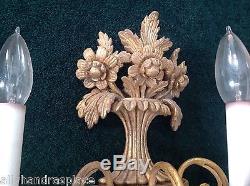 Vintage French Giltwood Tole Urn Flower Basket Pair Wall Sconces Italy Italian