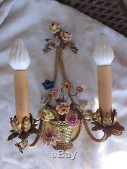 Vintage French Gold Gilt Weaved Basket Porcelain Flowers Floral Wall Sconce