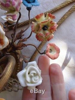 Vintage French Gold Gilt Weaved Basket Porcelain Flowers Floral Wall Sconce