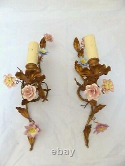 Vintage French PAIR Wall Light Gilded Metal Sconces Porcelain Flowers 1950