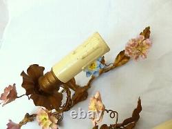 Vintage French PAIR Wall Light Gilded Metal Sconces Porcelain Flowers 1950