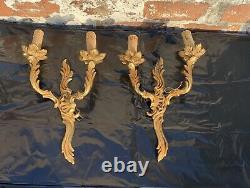 Vintage French Pair Double wall Lights candle sconce Rococo Louis Elaborate Gold