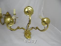 Vintage French Pair Gilt Bronze 3 Arm Wall Sconces