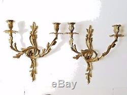 Vintage French Rococo Style Bronze Dore Decorative Large Wall Sconces a Pair