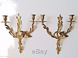 Vintage French Rococo Style Bronze Dore Decorative Large Wall Sconces a Pair