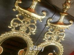 Vintage French Style Ornate Brass Mirror Wall Sconce Hollywood Regency Gold MCM