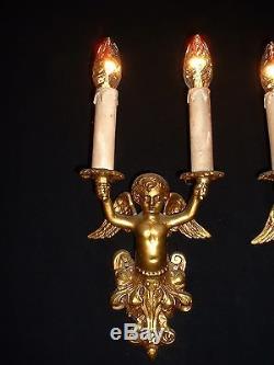 Vintage French bronze sconces wall lamps with winged cherubs