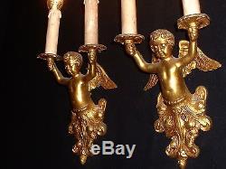 Vintage French bronze sconces wall lamps with winged cherubs
