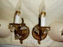 Vintage French cast Brass Bronze Gilt Wall Lampswith Tole ShadesPrismsSpain