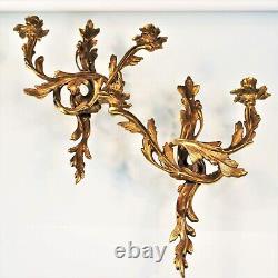 Vintage Gilt Brass Candlestick Wall Scones French Louis XV Style Large Ornate