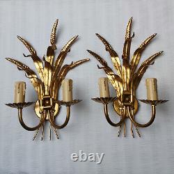 Vintage Gilt Tole Wheat Sheaf Leaves Gilded Pair Wall Sconces 2 Lights Hans Kogl