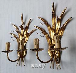 Vintage Gilt Tole Wheat Sheaf Leaves Gilded Pair Wall Sconces 2 Lights Hans Kogl