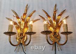 Vintage Gilt Tole Wheat Sheaf Leaves Gilded Pair Wall Sconces 2 Lights Hans Kogl