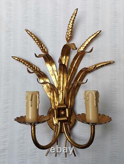 Vintage Gilt Tole Wheat Sheaf Leaves Gilded Pair Wall Sconces 2 Lights Hans Kogl