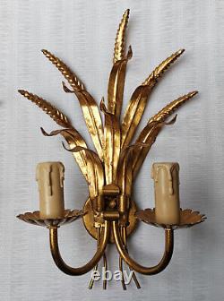 Vintage Gilt Tole Wheat Sheaf Leaves Gilded Pair Wall Sconces 2 Lights Hans Kogl