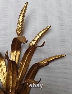 Vintage Gilt Tole Wheat Sheaf Leaves Gilded Pair Wall Sconces 2 Lights Hans Kogl