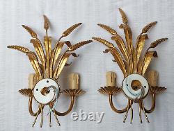 Vintage Gilt Tole Wheat Sheaf Leaves Gilded Pair Wall Sconces 2 Lights Hans Kogl