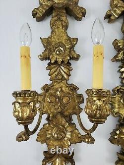 Vintage Gold Carved Gilt Wood Wall Sconces 2 Light Electric French Vicrtorian