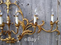 Vintage Gold Gilt 7 Light Italian Tole Floral Wall Candelabra Sconce, 15 Prisms