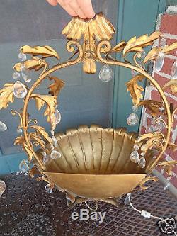 Vintage Gold Gilt Italian Hollywood Regency Crystal Basket Wall Sconce Grand