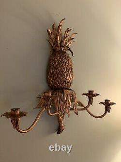 Vintage Gold Gilt Metal Pineapple Wall Sconce Italian 4 Light Candle Tole Gilded