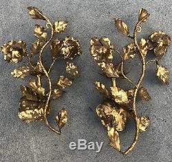 Vintage Gold Gilt Metal Tole Wall Sconce Candle Holder Pair Floral