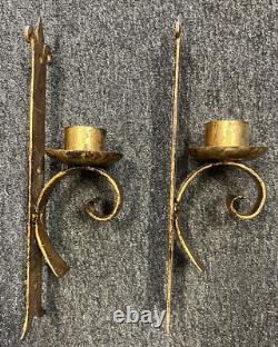 Vintage Gold Gilt Wrought Iron Wall Sconces Candle Holders Fleur du Lis Regency