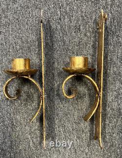 Vintage Gold Gilt Wrought Iron Wall Sconces Candle Holders Fleur du Lis Regency