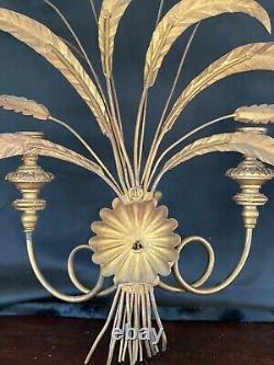 Vintage Gold Wheat Candle Wall Sconce Tole Toile Metal Wood Free Shipping