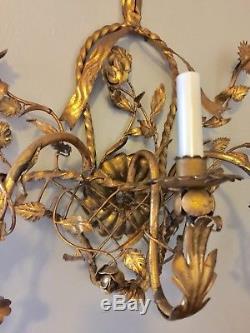 Vintage Hollywood Regency Italian Tole Gold 3 Candle Electric Wall Sconce 28