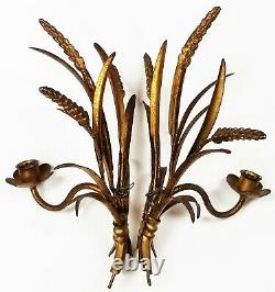 Vintage Hollywood Regency MCM Gilt Tole WHEAT Sheaves Candle Wall Sconces ITALY