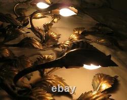 Vintage Hollywood Regency Made In Italy Heavy Metal Leaf Wall Sconce Light