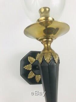 Vintage Hurricane Wall Sconces Glass Flutes Hollywood Regency Gold Leaf Metal