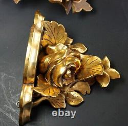 Vintage ITALIAN Gold Gilt Carved Wood Rose Shelf Sconce Wall Shelfs SET of 2