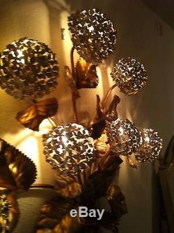 Vintage ITALIAN Hydrangea HOLLYWOOD REGENCY Gilt Tole Light Wall Lamp Sconce
