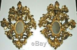 Vintage Italian Florentine Rococo Gilt Wood Carved Mirrored Wall Candle Sconces