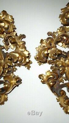 Vintage Italian Florentine Rococo Gilt Wood Carved Mirrored Wall Candle Sconces