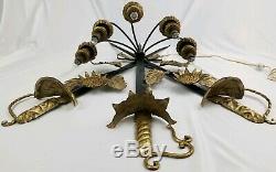Vintage Italian Florentine Sword Gilt Tole Metal Wall Sconce 6 Arm Candelabra
